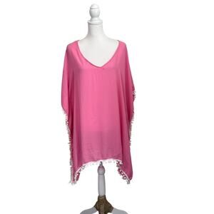 adreamly poncho nwt pink with white pompoms womens large